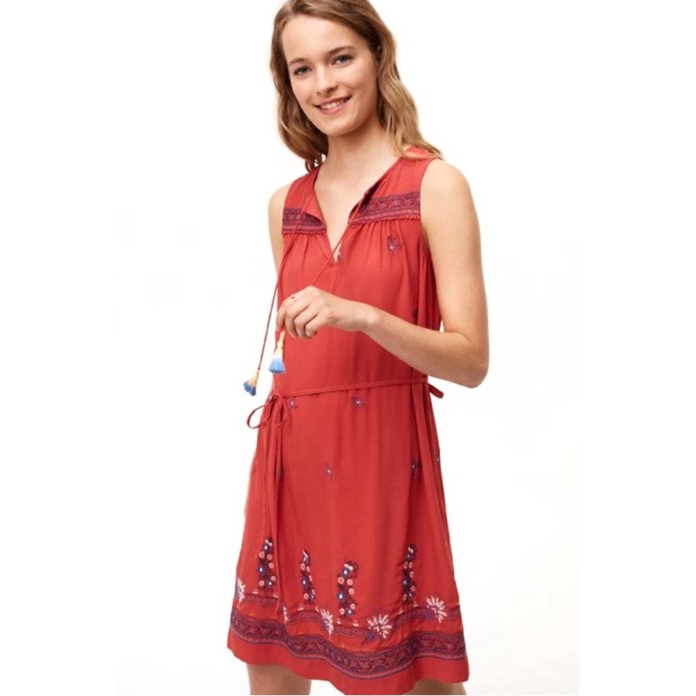 LOFT Embroidered V-Neck Red Dress with Tassels and Tie Waist, Size Medium